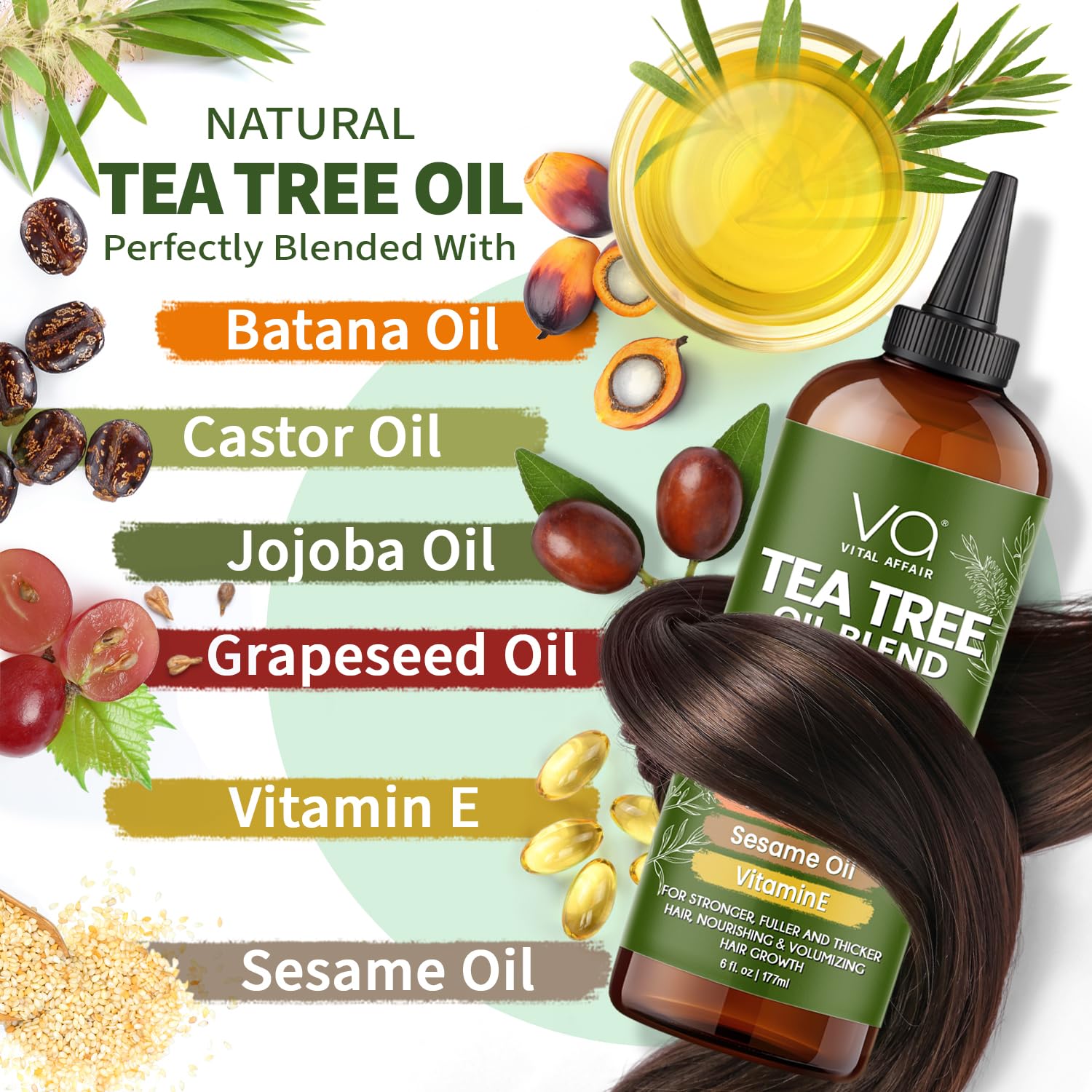 Vital Affair Tea Tree Oil bottle with strands demonstrates healthy shine and manageable hair.