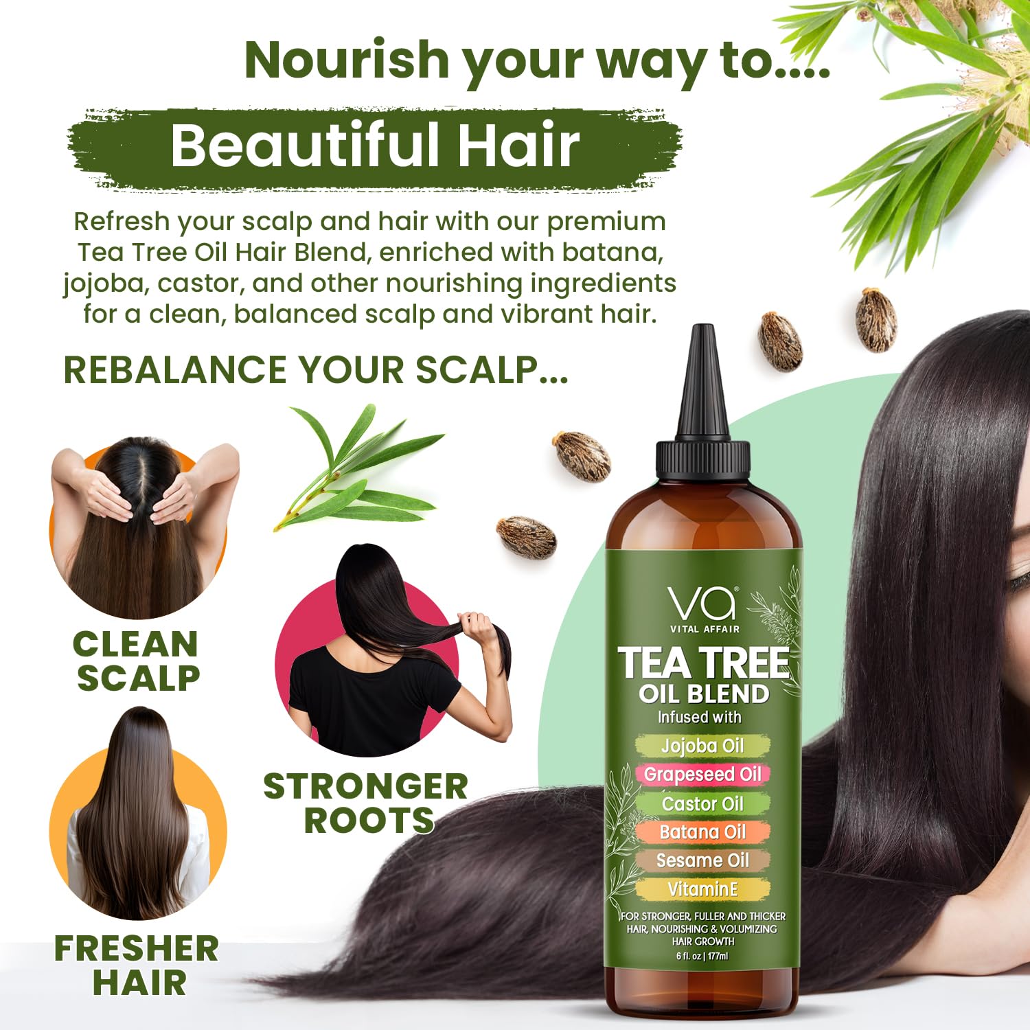 Vital Affair Tea Tree Oil bottle beside vitamin E capsule highlighting antioxidant support.