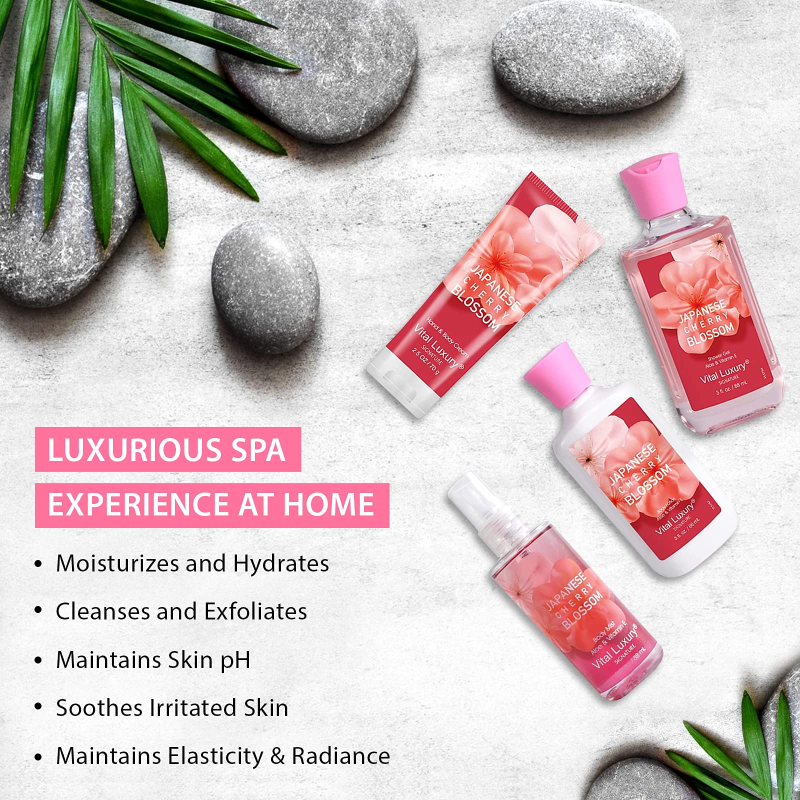 Vital Luxury Japanese Cherry Blossoms scent highlighting calming home spa feel.