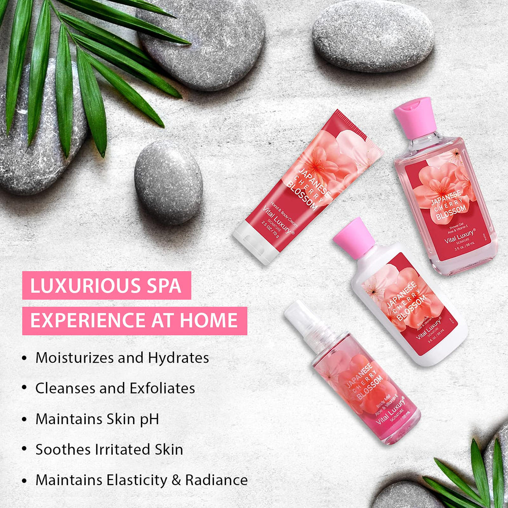 Vital Luxury Japanese Cherry Blossoms scent highlighting calming home spa feel.