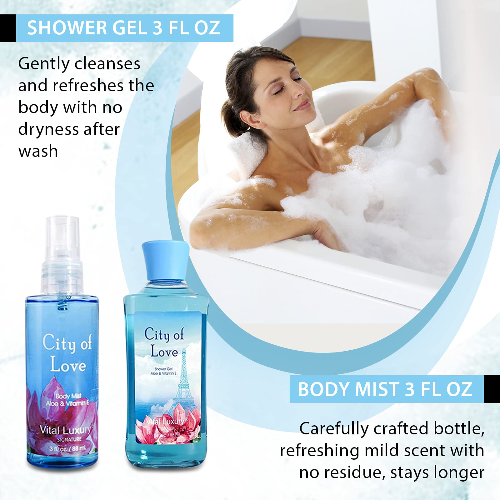 Vital Luxury morning routine layout with shower gel and lotion