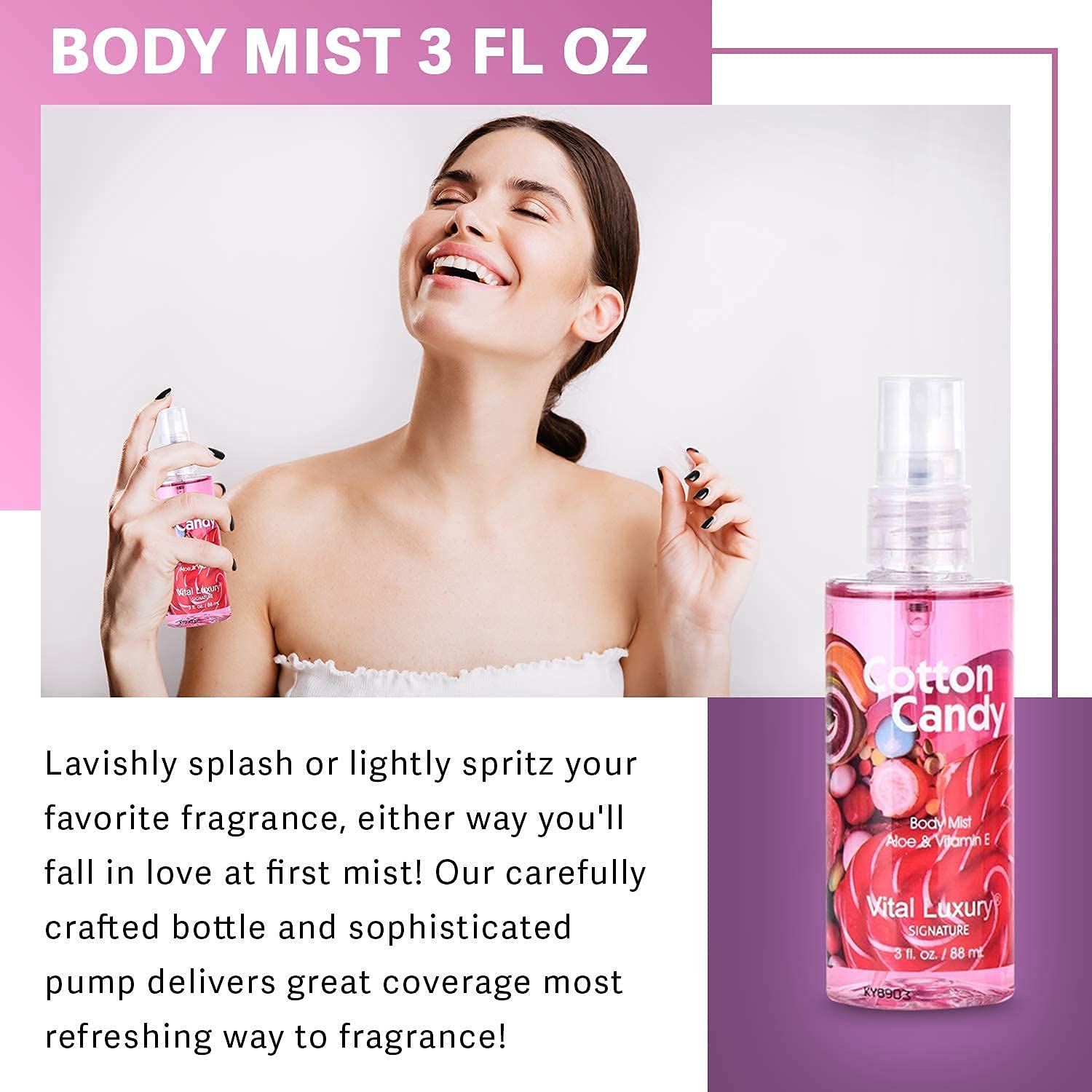 Vital Luxury Cotton Candy scent details on packaging enhance sensory appeal.