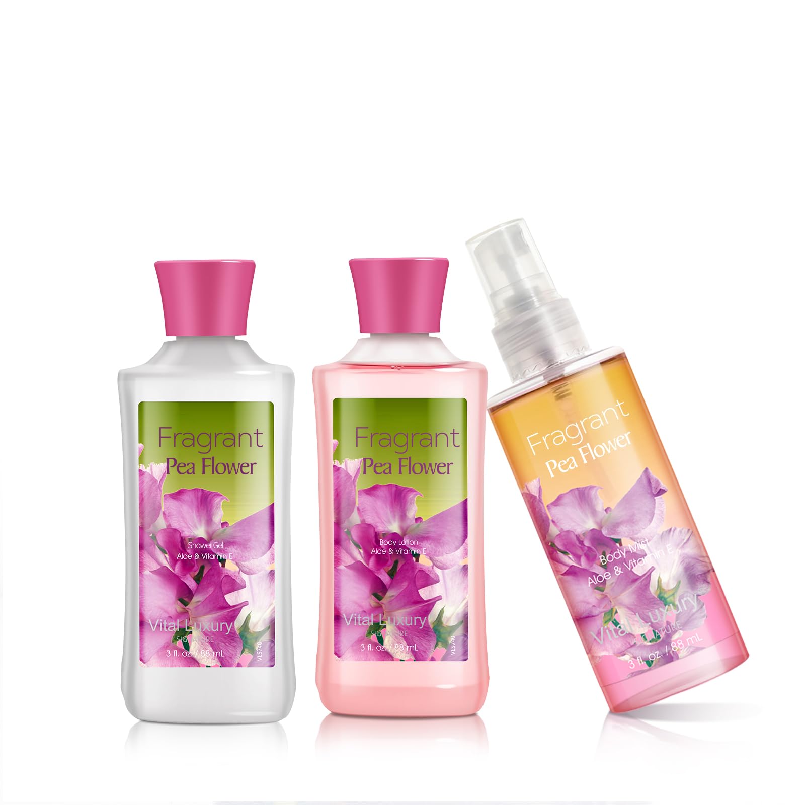 Vital Luxury pea flower body mist bottle for long-lasting fragrance.