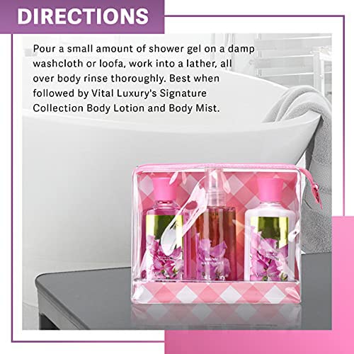 Vital Luxury pea flower shower gel closeup highlights creamy lather.
