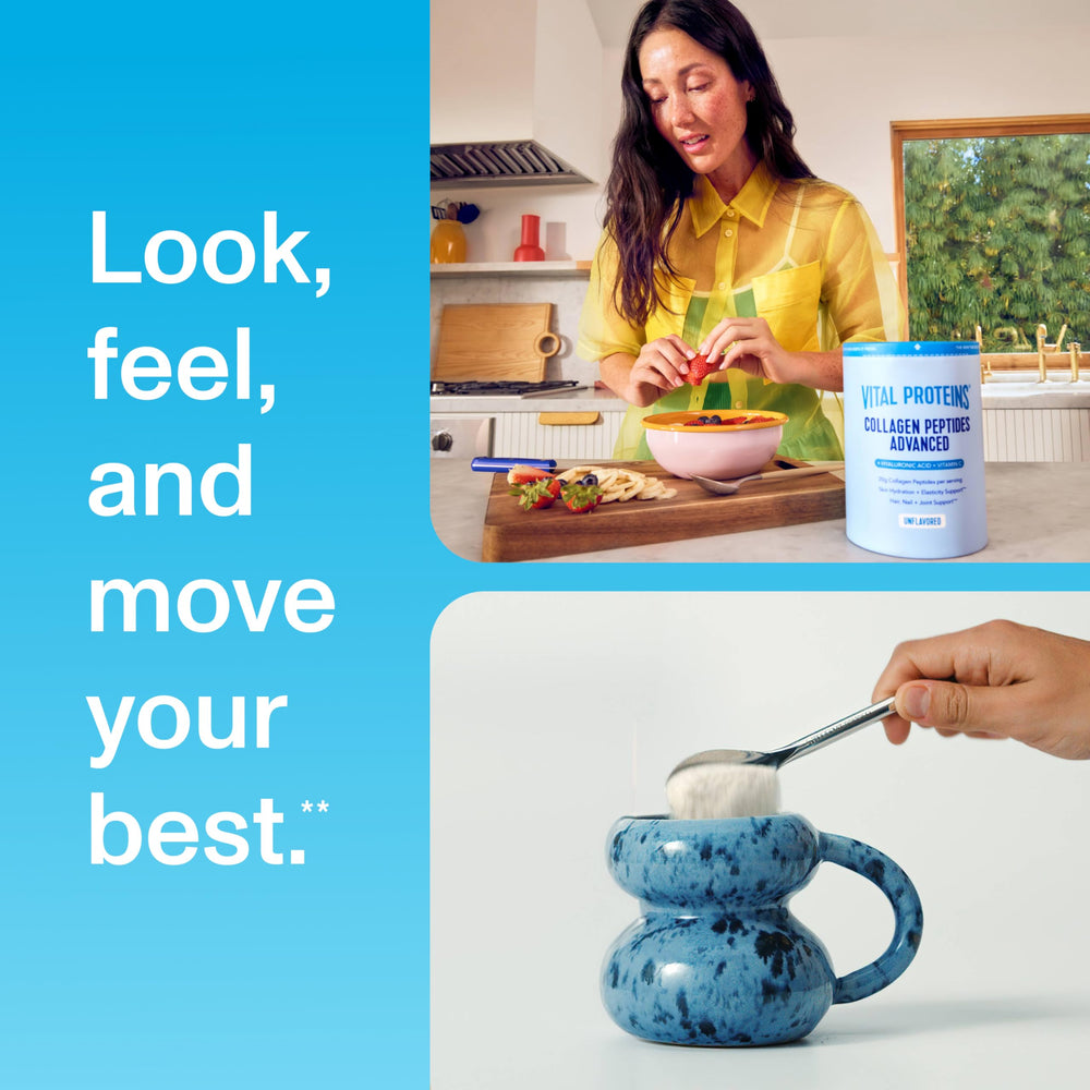 Vital Proteins jar on breakfast table showing convenience for daily routine