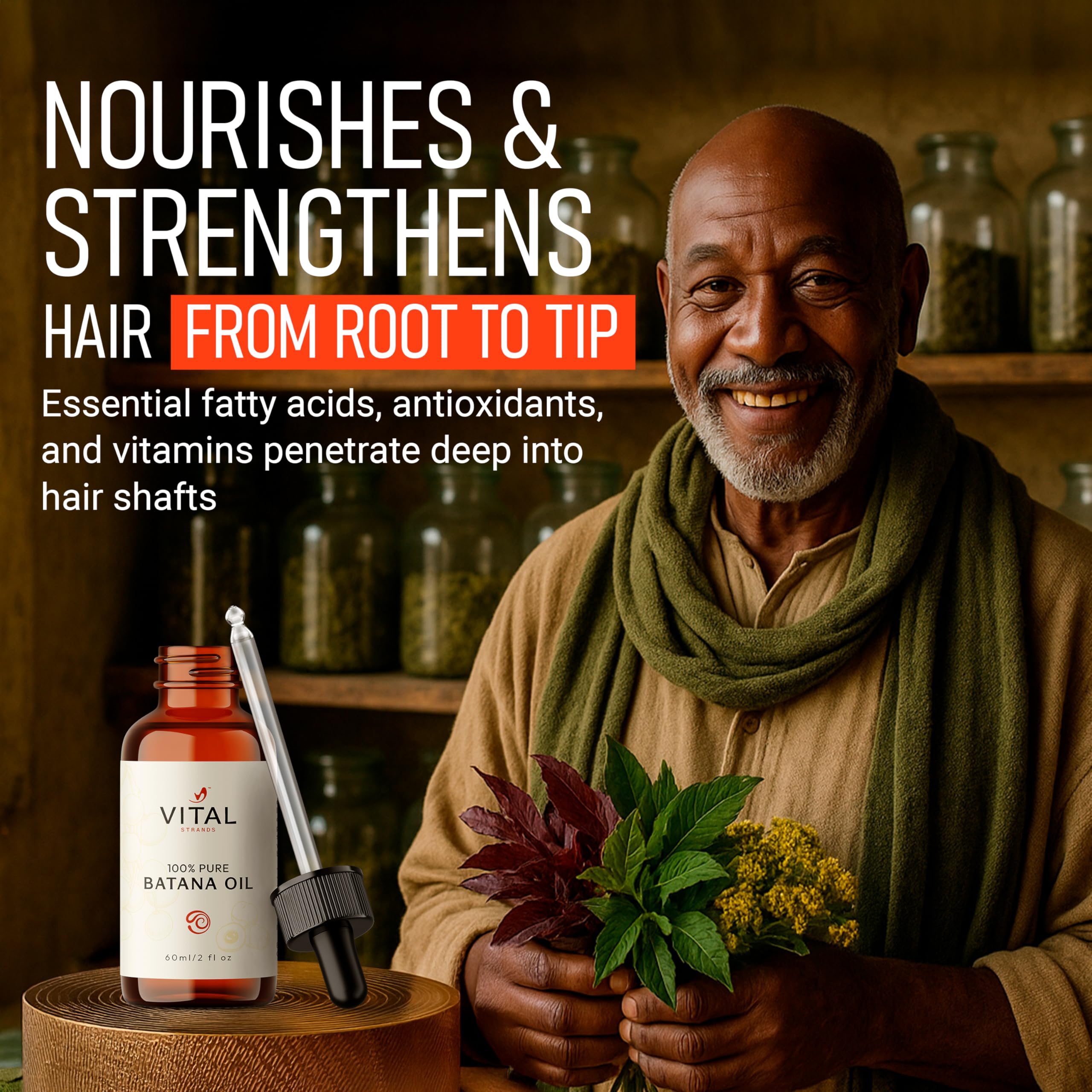 Vital Strands Batana Oil dropper applying oil to the scalp for easy use.