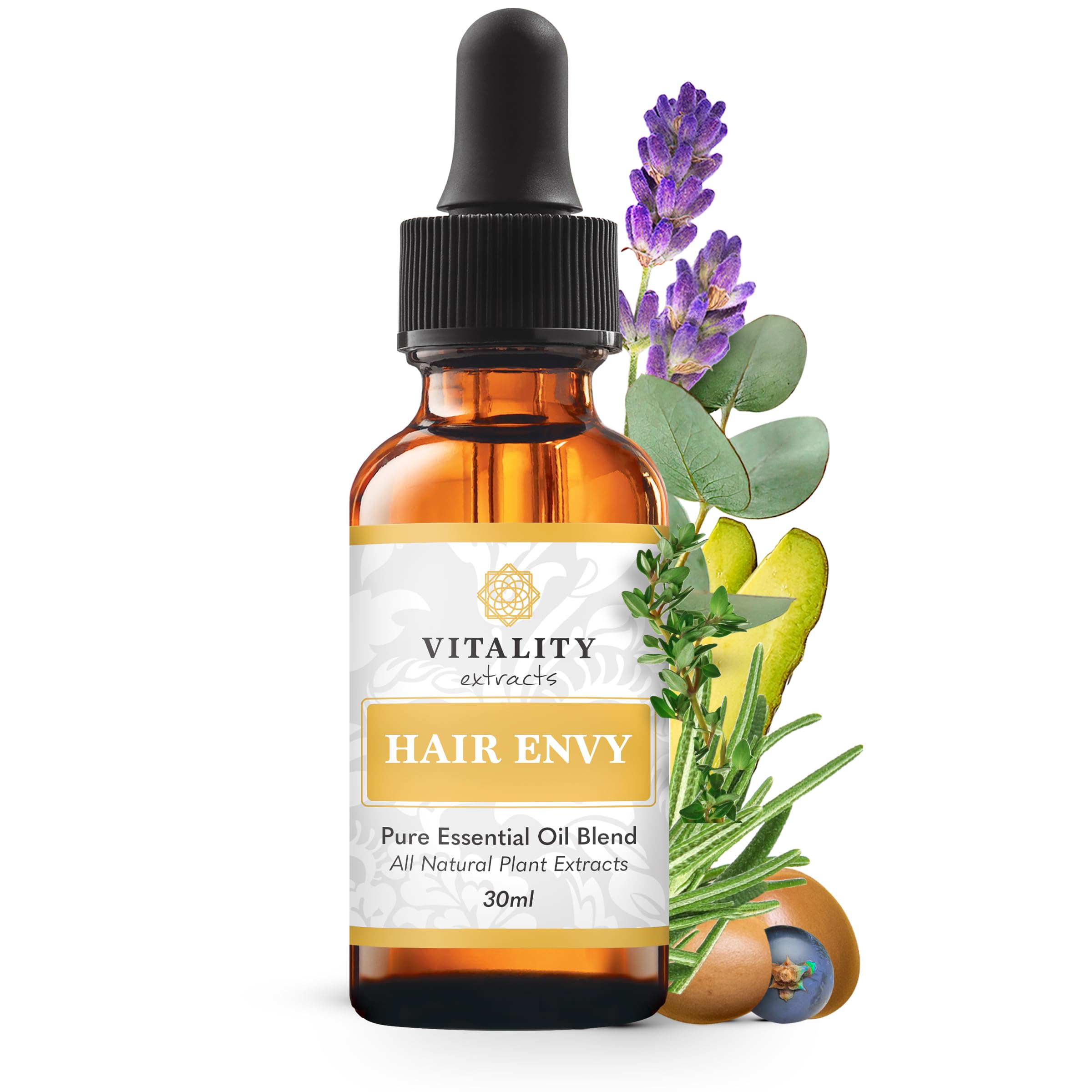 Vitality Hair Envy bottle close-up with pure essential oils for scalp nourishment