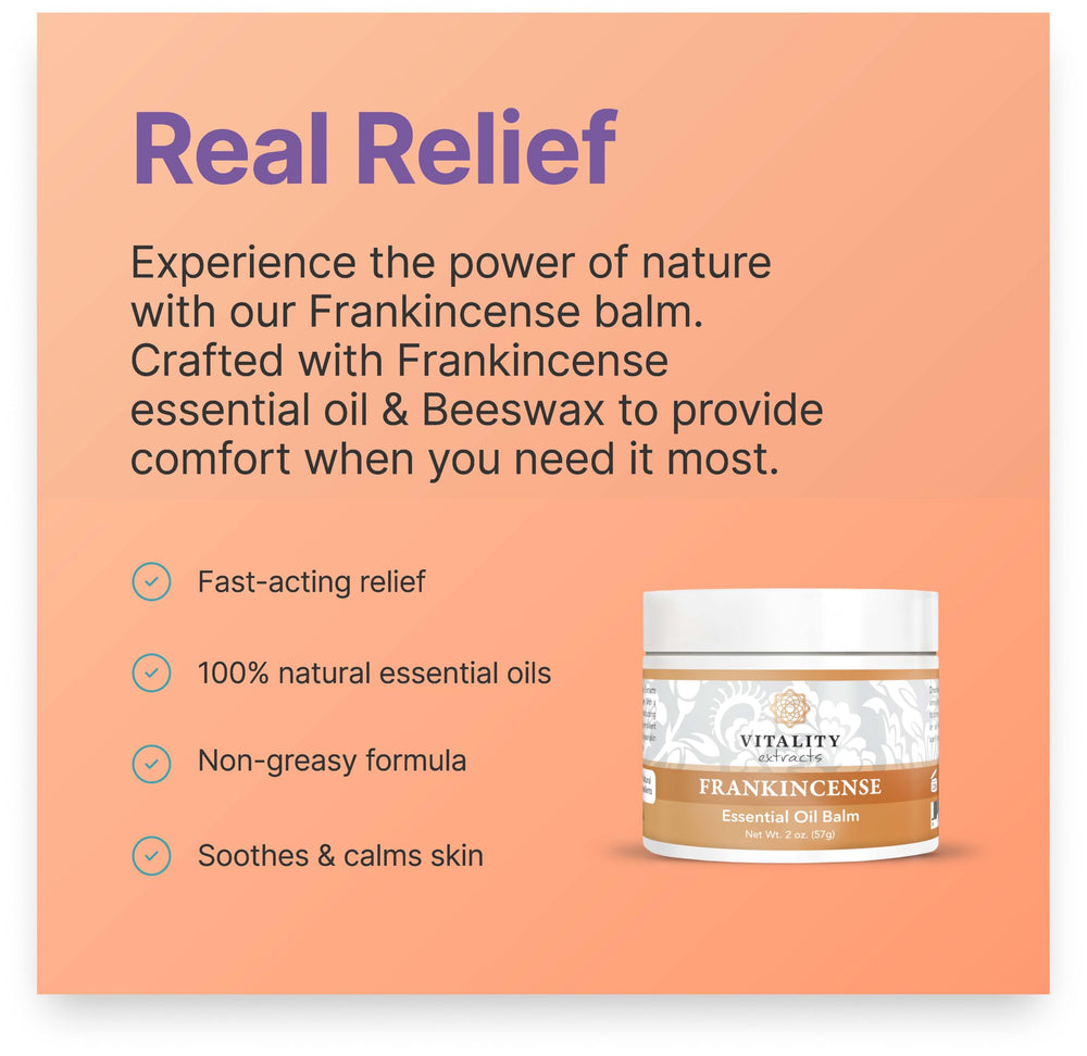 Close-up of Vitality Frankincense Balm ingredients nourished with olive and almond oils.