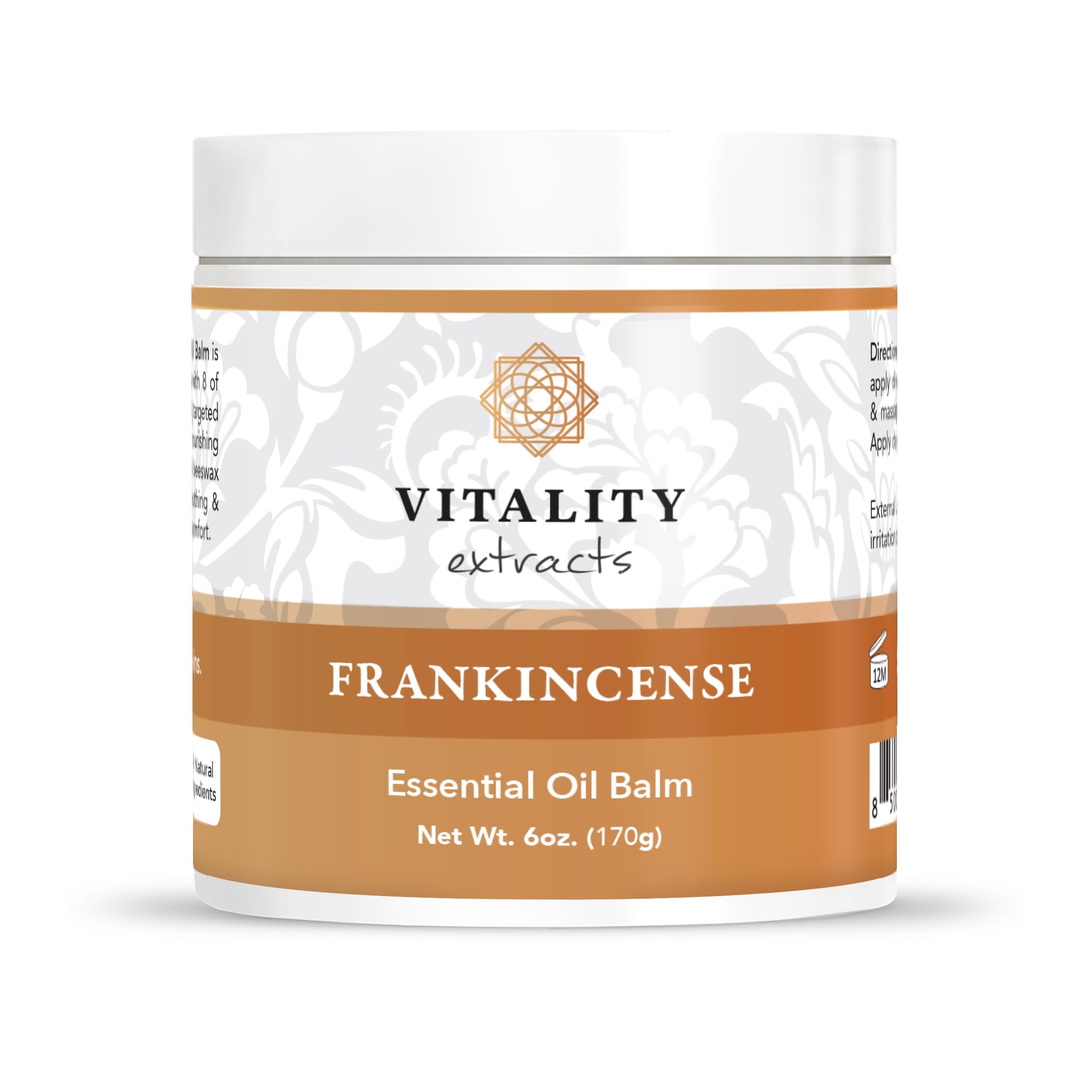 Vitality Frankincense Balm jar close-up showing creamy texture for dry skin hydration.