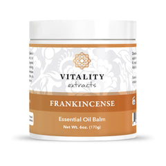 Vitality Frankincense Balm jar close-up showing creamy texture for dry skin hydration.