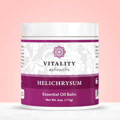 Vitality Helichrysum Balm texture swirls illustrate soothing application for dry, stressed skin.
