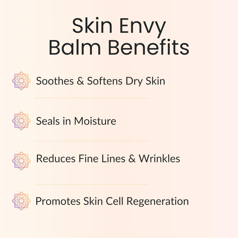 Vitality Skin Envy Balm ingredients chart highlights nourishing oils for dry skin care.