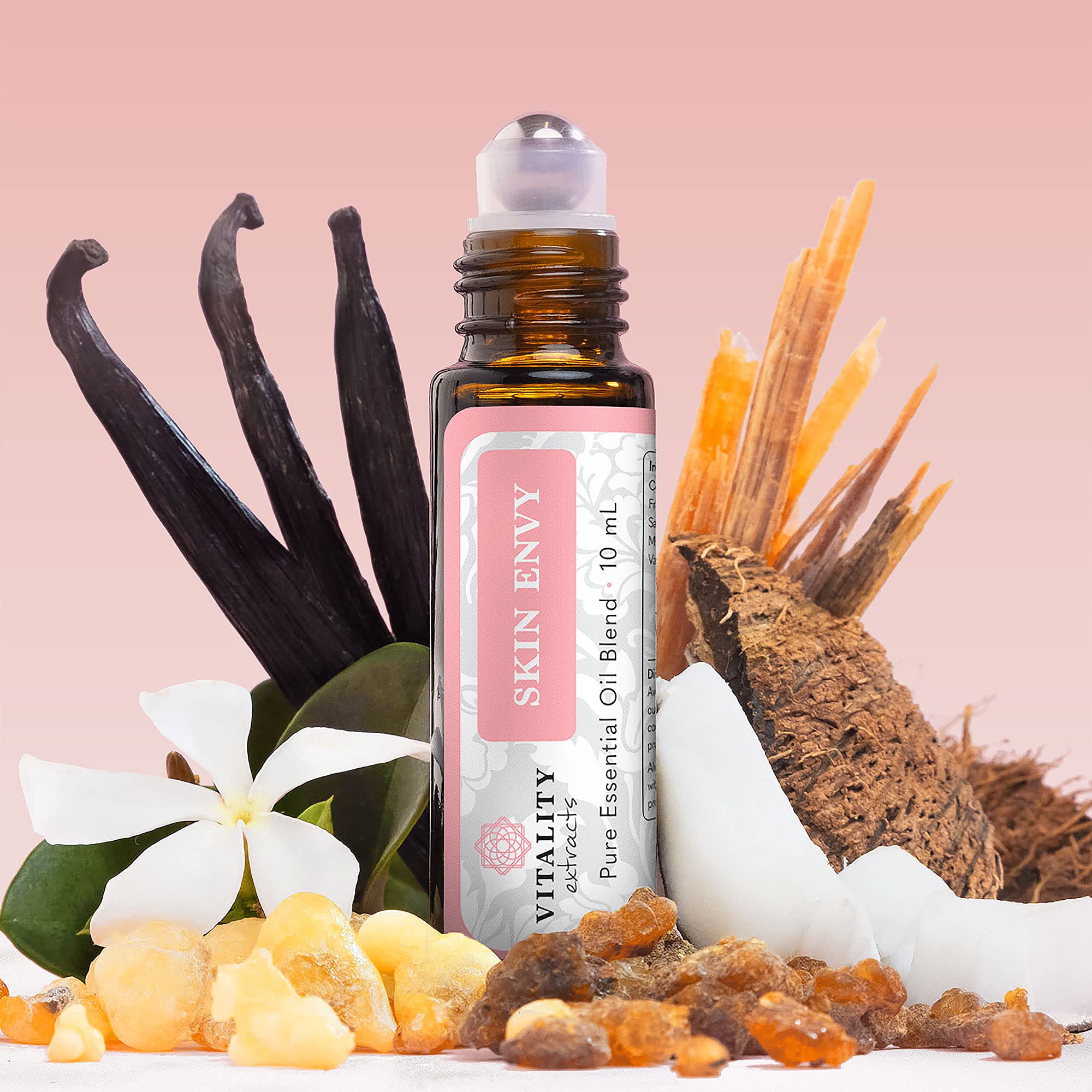 Vitality Skin Envy frankincense oil bottle signals calming aroma and skin-cleansing action.