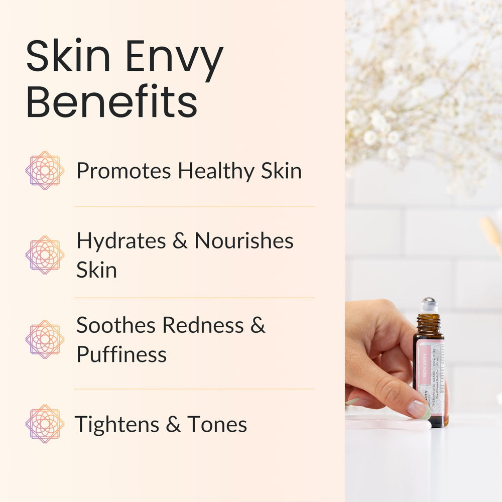 Vitality Skin Envy sandalwood oil bottle evokes soothing aroma and clarifying benefits.