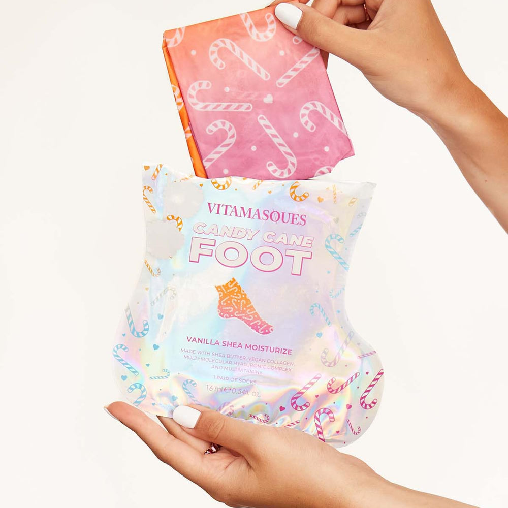 Vitamasques Candy Cane Foot Mask closeup for soft, refreshed feet.