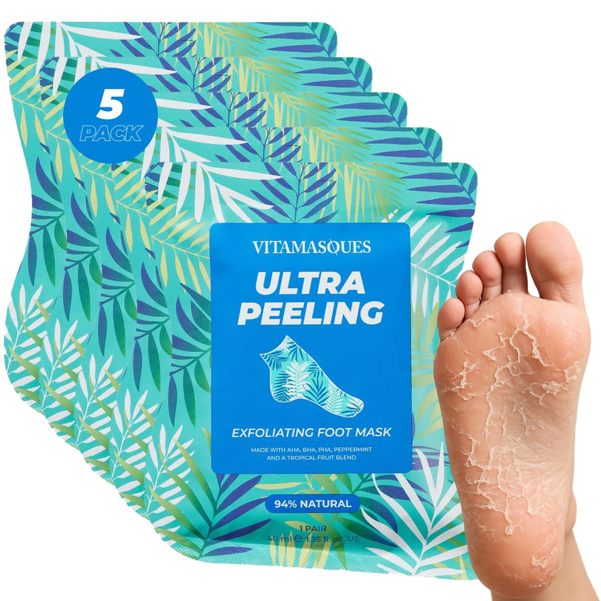 Vitamasques Foot Peeling Mask packaging shows five pairs for at-home spa sessions
