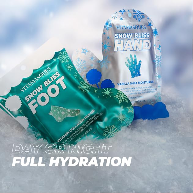 Vitamasques Holiday Snow Bliss Foot Mask application demonstrates quick-absorbing moisture for pampered feet