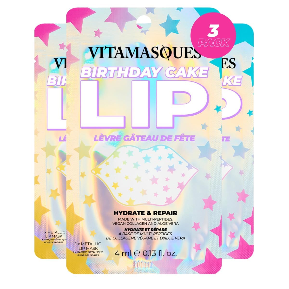 Vitamasques lip mask 3-pack Birthday Cake front view for smooth lips
