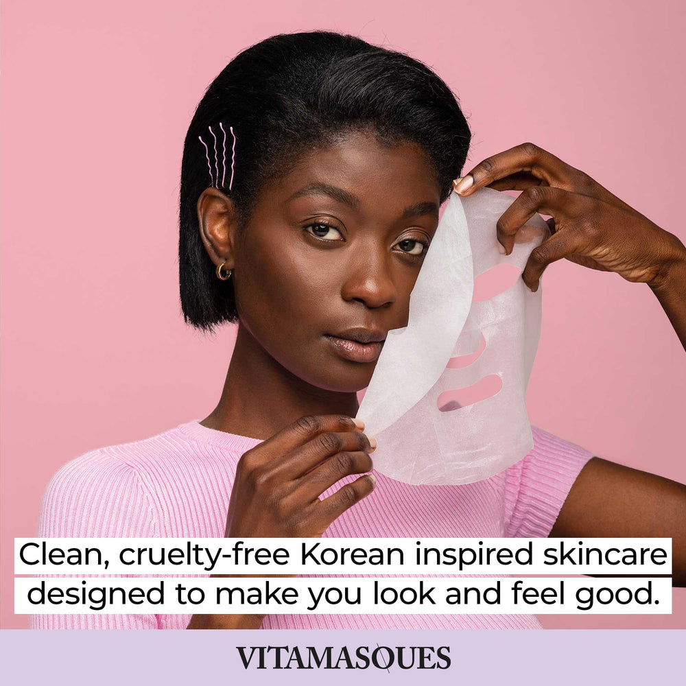 Vitamasques retinol pomegranate mask closeup for renewed texture and smoother appearance.