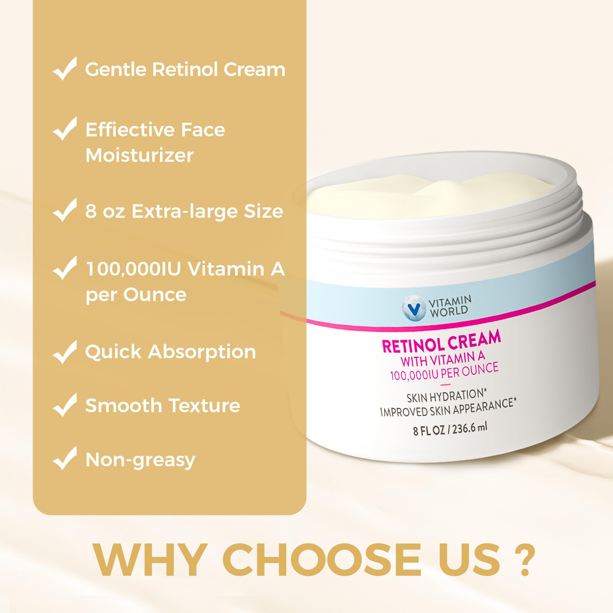 Vitamin World Retinol Cream with vitamin E for antioxidant protection.