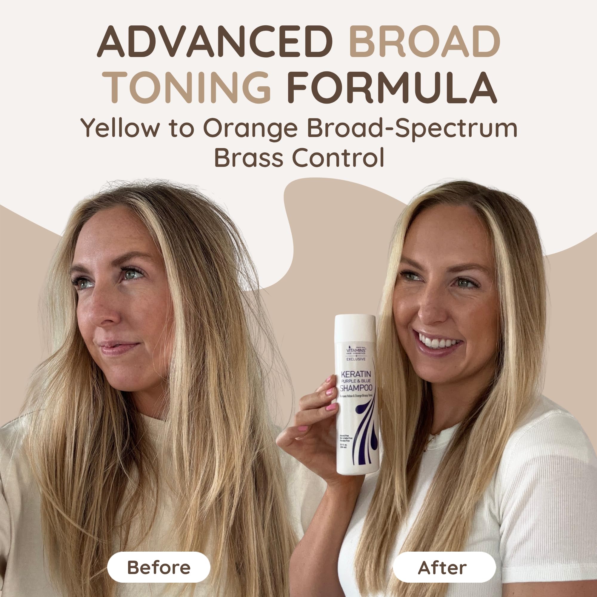 VITAMINS hair cosmetics blue shampoo foam demonstrates brassy-tone neutralization on bleached hair.