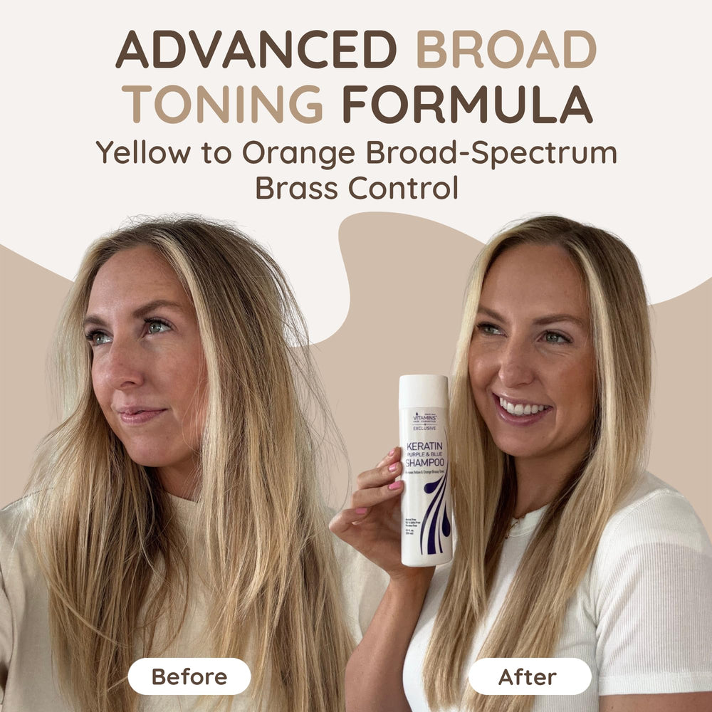 VITAMINS hair cosmetics blue shampoo foam demonstrates brassy-tone neutralization on bleached hair.