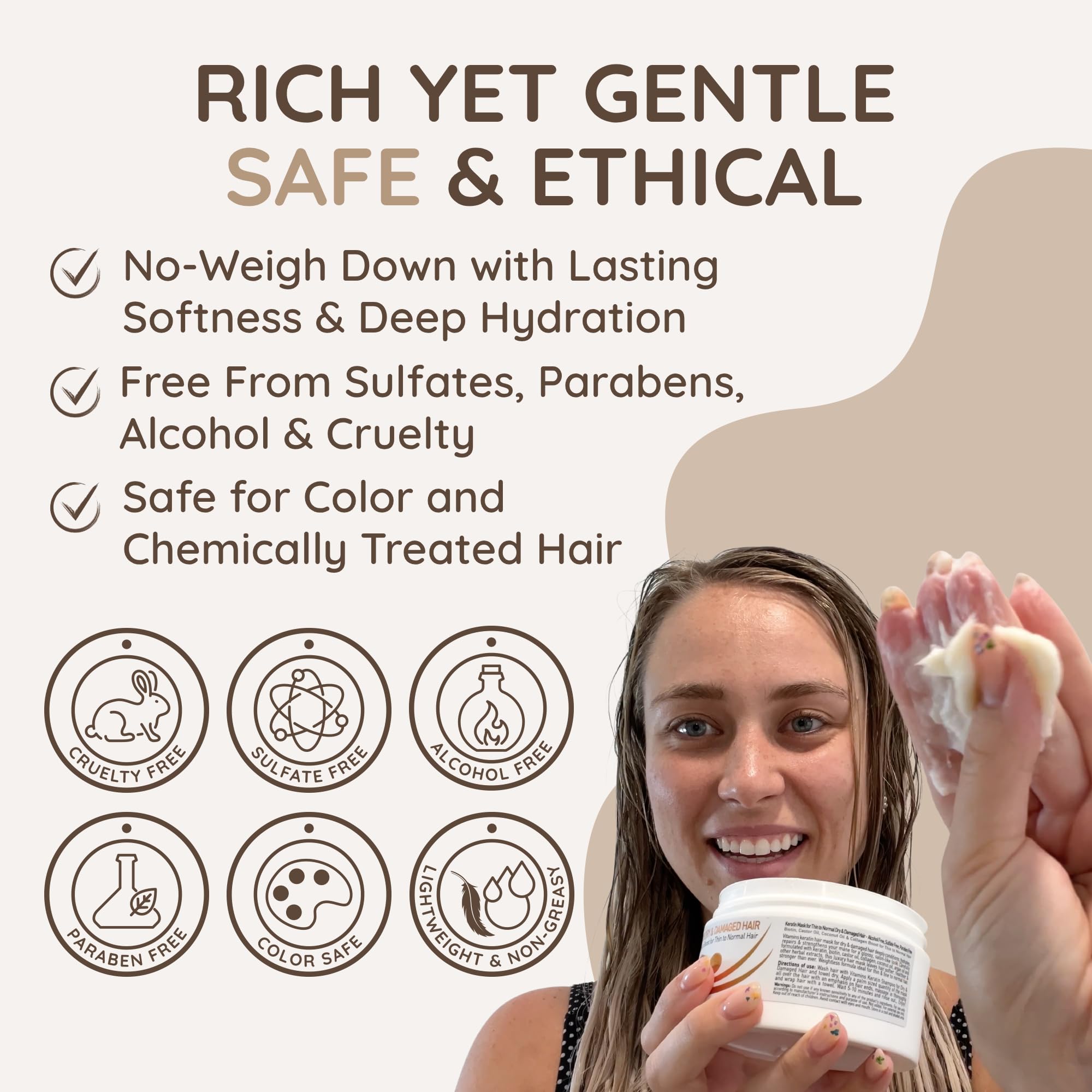 VITAMINS Keratin Hair Mask frizz-control close-up illustrates lasting moisture and sleek strands