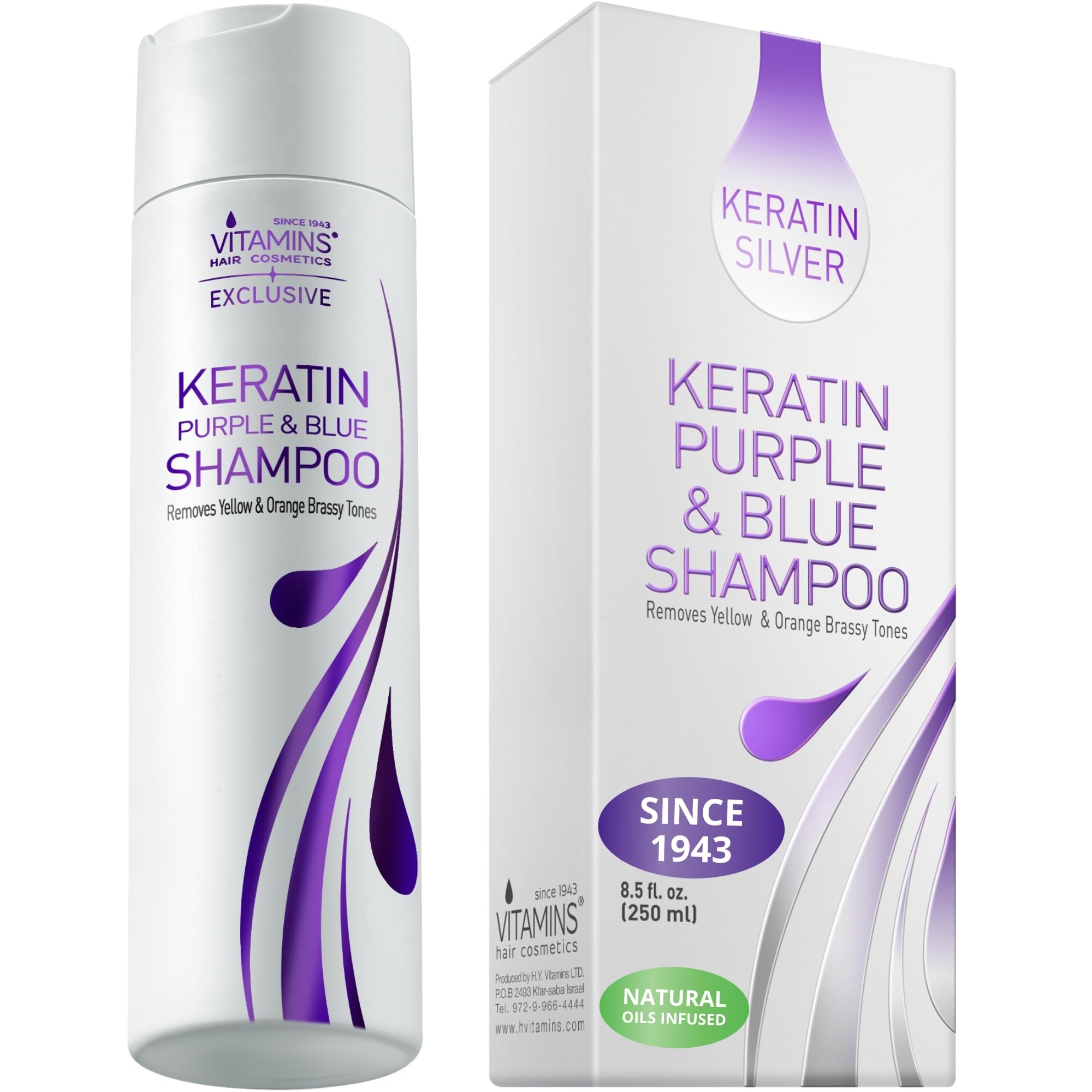 VITAMINS hair cosmetics Keratin Purple Shampoo bottle pour delivers smooth toning for blondes.