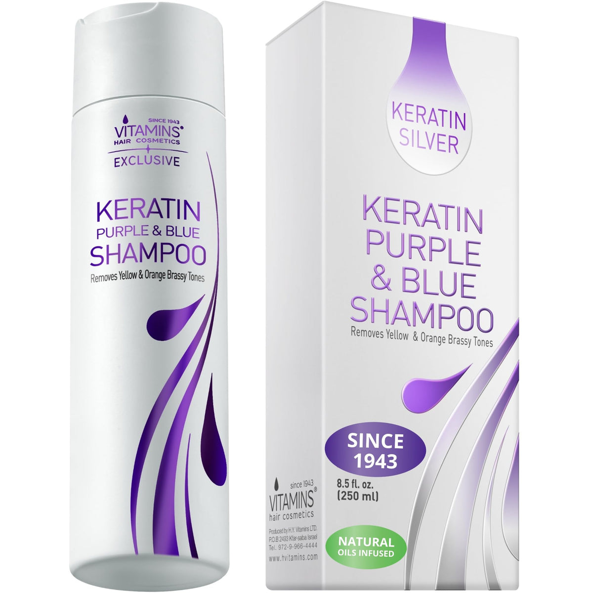 VITAMINS hair cosmetics Keratin Purple Shampoo bottle pour delivers smooth toning for blondes.
