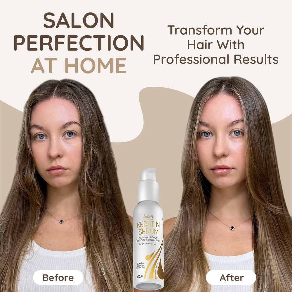 VITAMINS hair cosmetics keratin serum pump closeup—easy application for frizz control.
