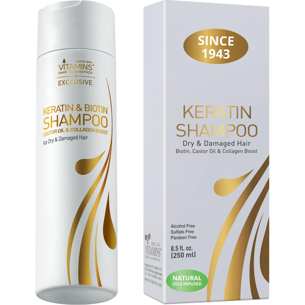VITAMINS hair cosmetics Keratin Shampoo bottle showing sulfate-free cleanse for smooth, shiny hair