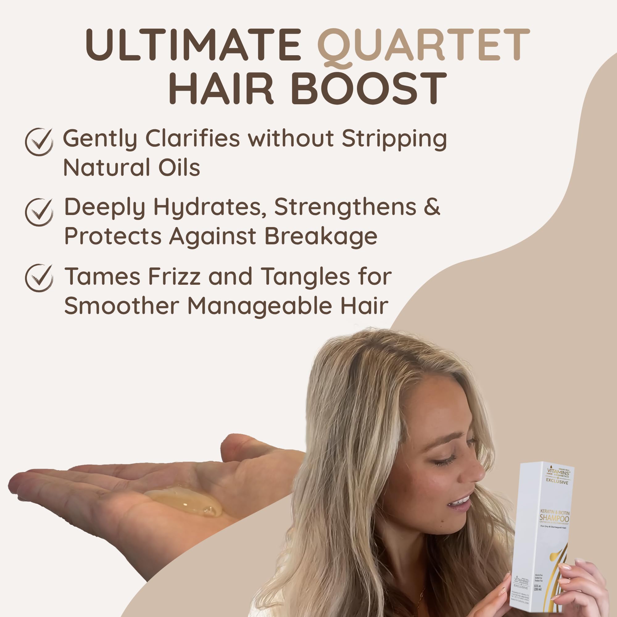 VITAMINS hair cosmetics Keratin Shampoo curly hair shot suggesting defined curls and hydration