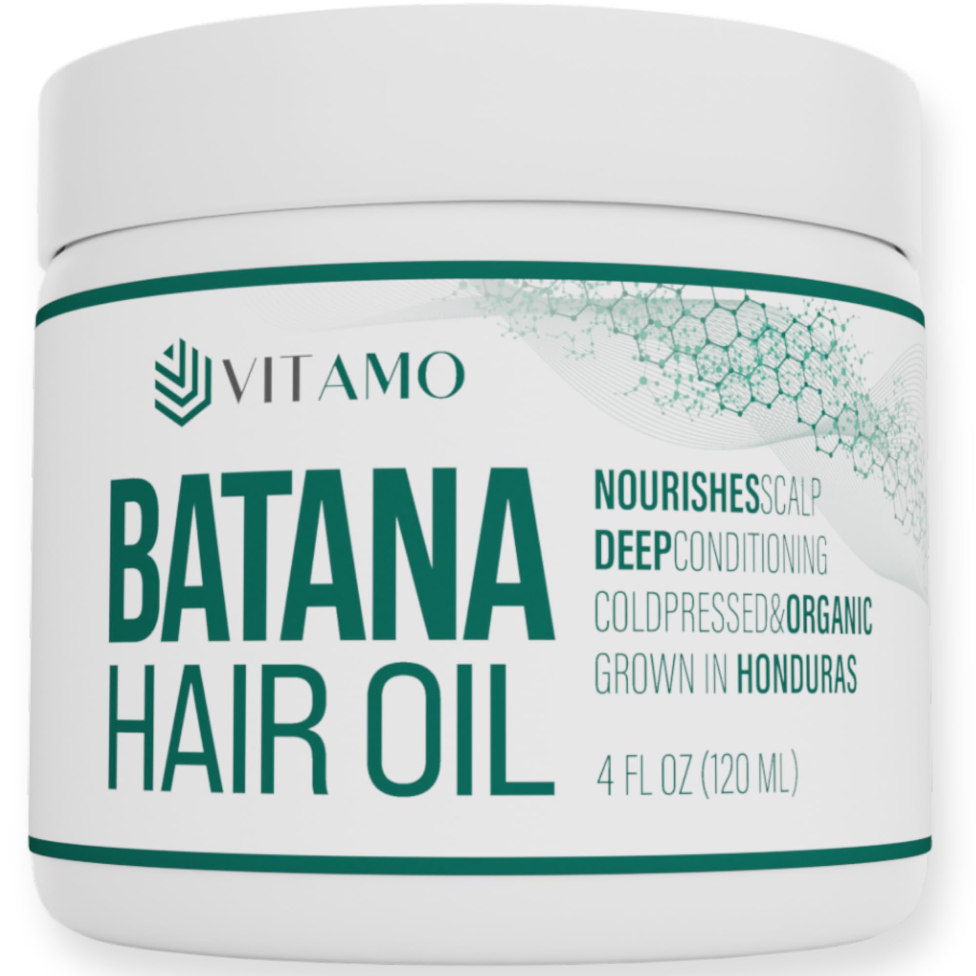 Vitamo Batana oil bottle shows pure, organic formula for scalp and hair care.