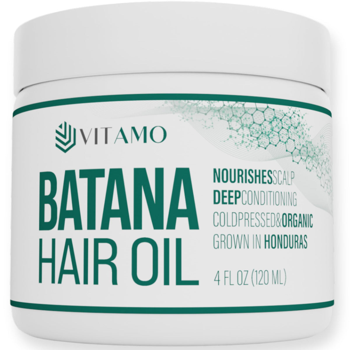 Vitamo Batana oil bottle shows pure, organic formula for scalp and hair care.