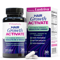Vitauthority Lustriva bottle on a clean surface signaling hair nourishment support.