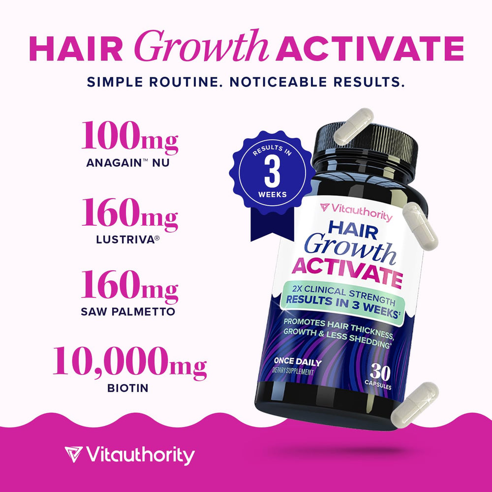 Vitauthority Lustriva bottle positioned for women seeking healthier hair.