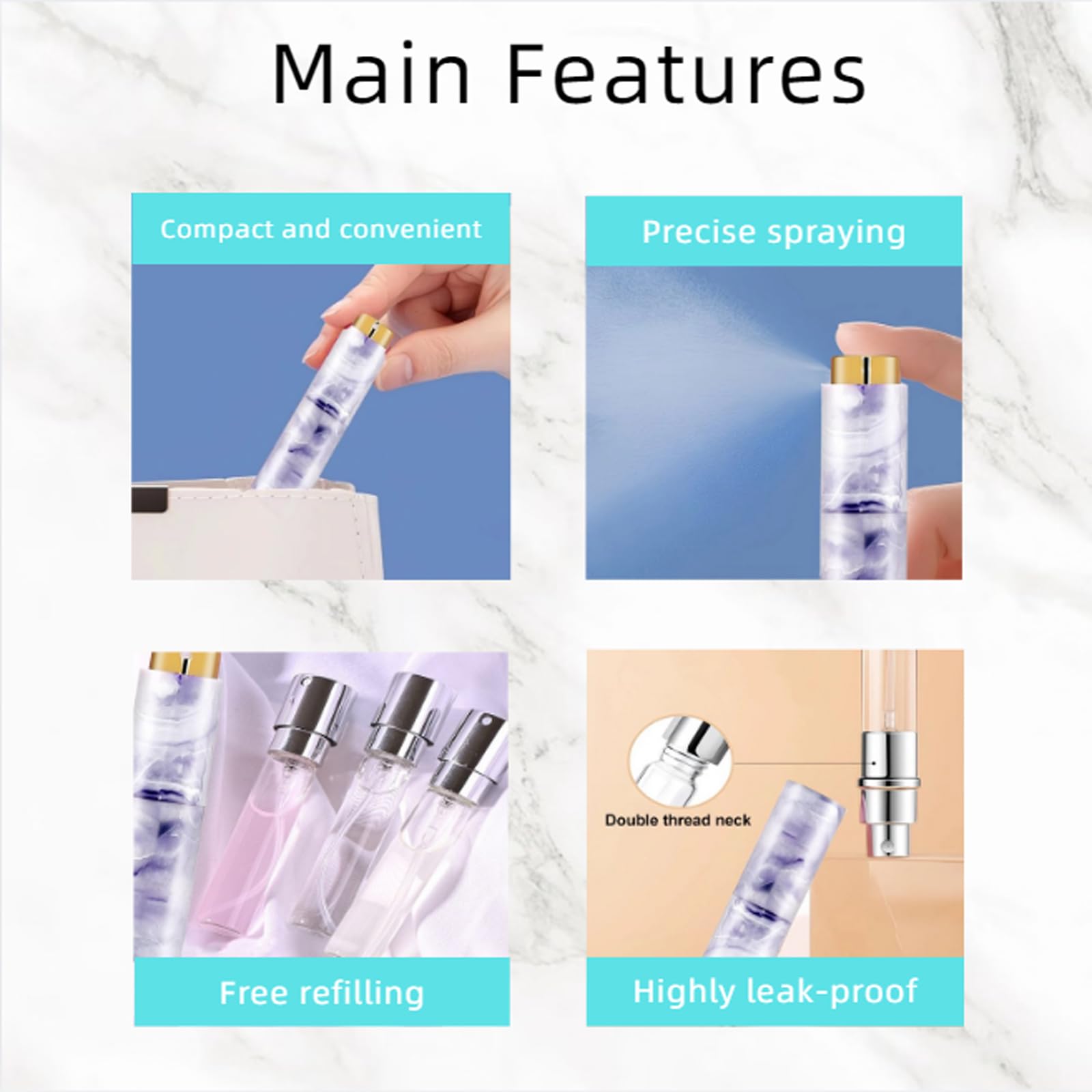 Vitog leakproof perfume atomizer with marble design, designed for secure travel