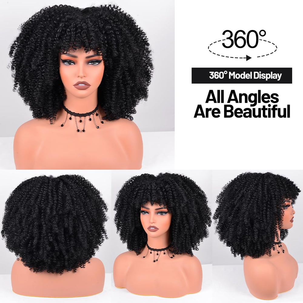 Vitorish Afro Curly Wig with Bangs 12-Inch adjustable fit detail for a secure wear.