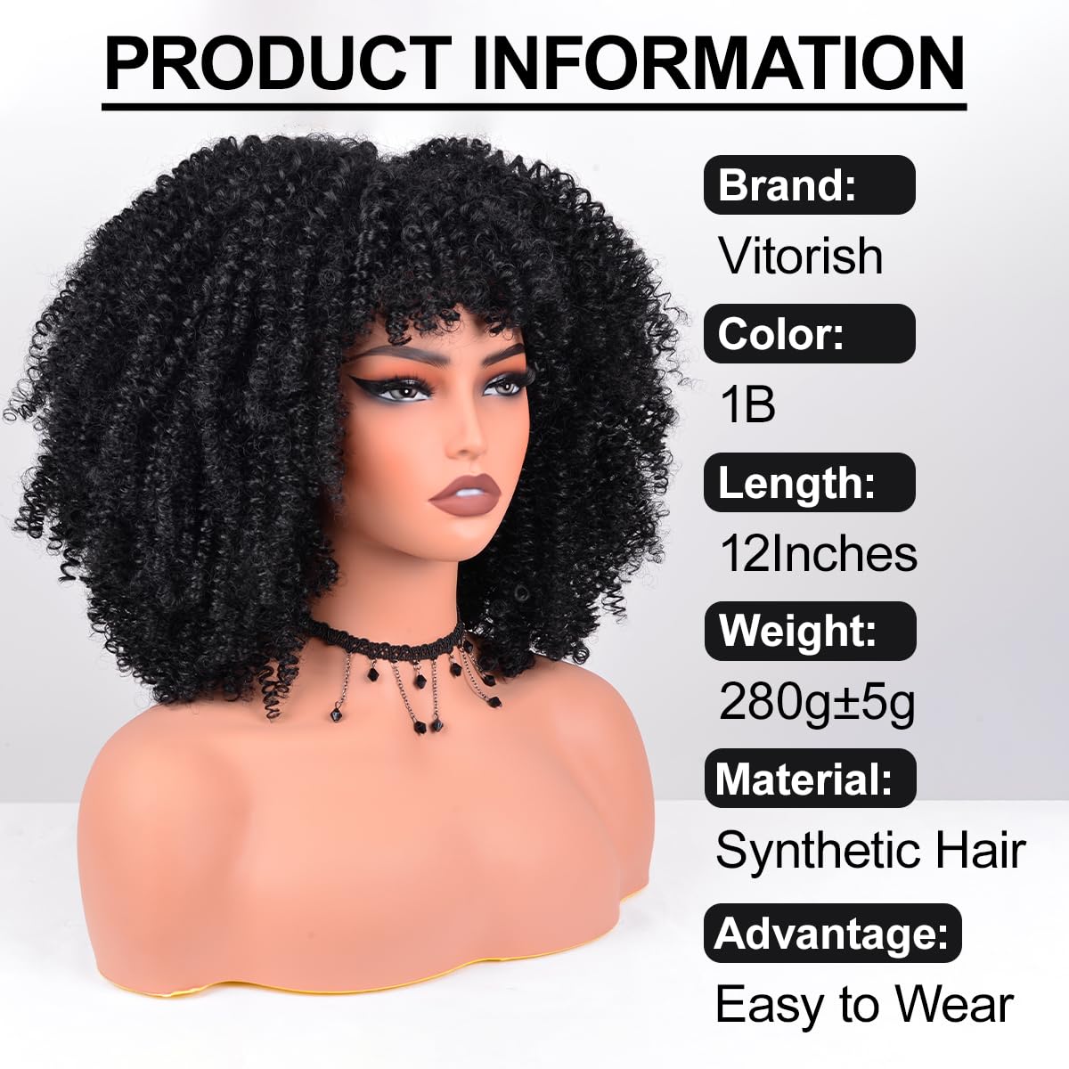 Vitorish Afro Curly Wig with Bangs 12-Inch back view with full-volume curls.