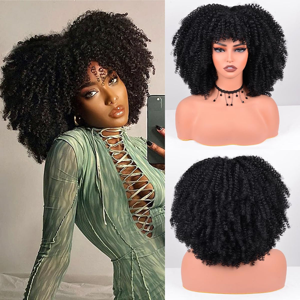 Vitorish Afro Curly Wig with Bangs 12-Inch front view for natural daily styling.