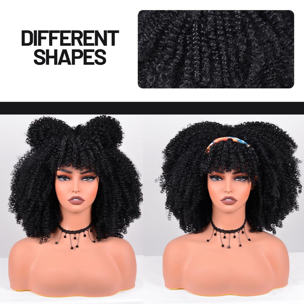 Vitorish Afro Curly Wig with Bangs 12-Inch packaging shot ready to wear.