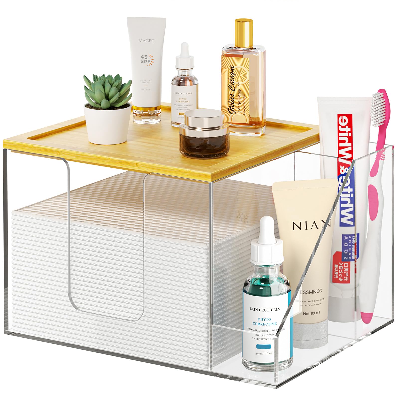 VITVITI disposable face towel holder box in clear acrylic for space-saving bathroom storage.