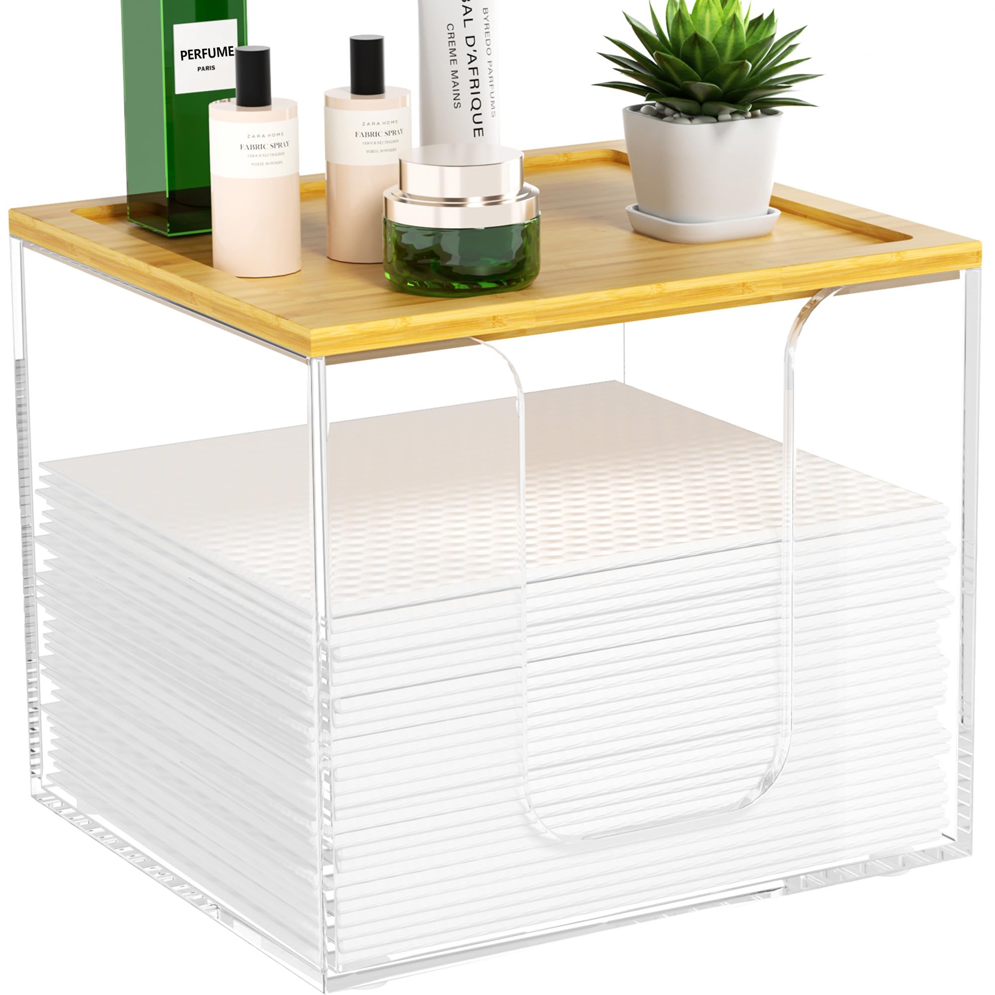 VITVITI disposable towel holder in clear acrylic with bamboo lid enhances bathroom organization.
