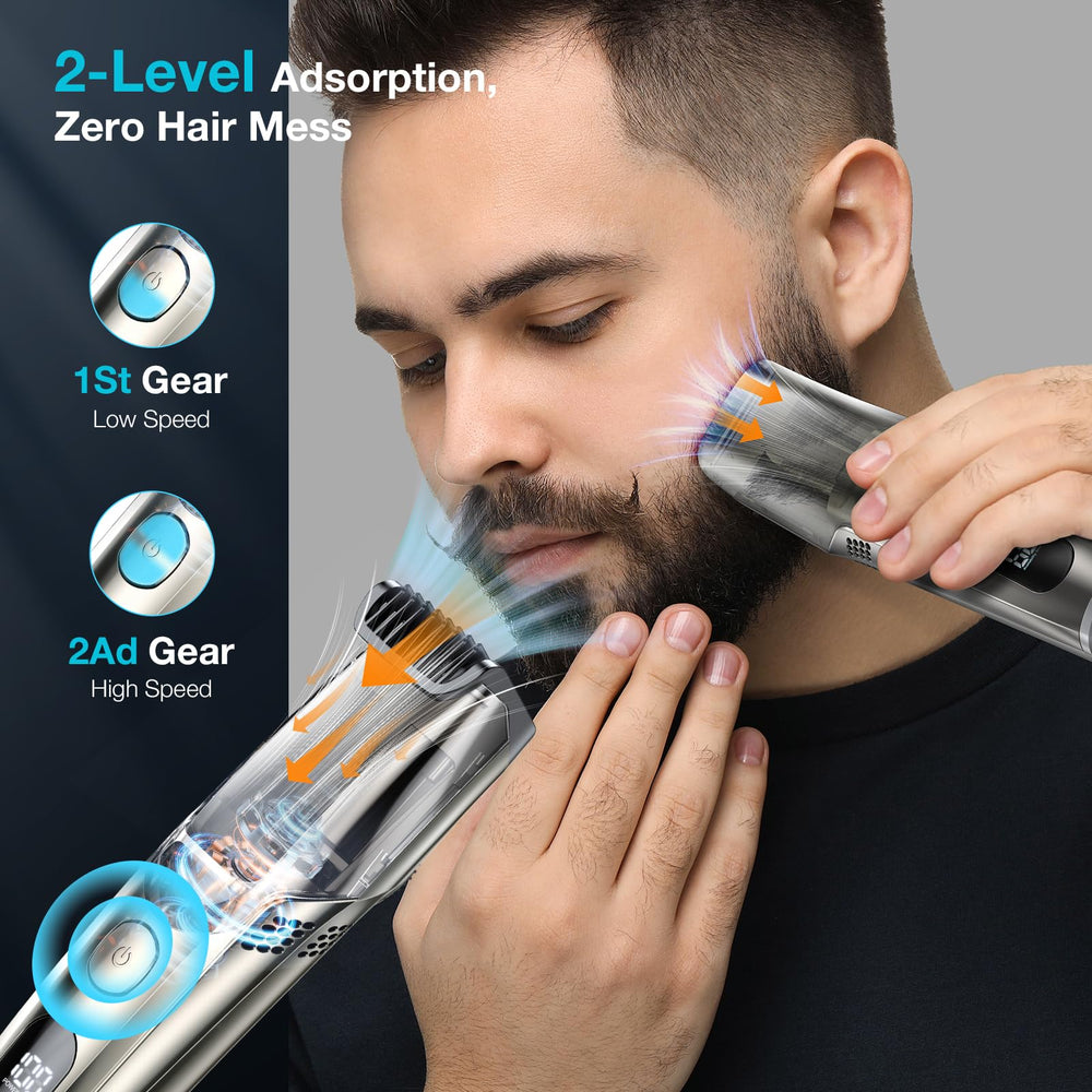 VivaEase vacuum beard trimmer close-up showing built-in vacuum capturing hairs.
