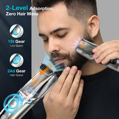 VivaEase vacuum beard trimmer close-up showing built-in vacuum capturing hairs.