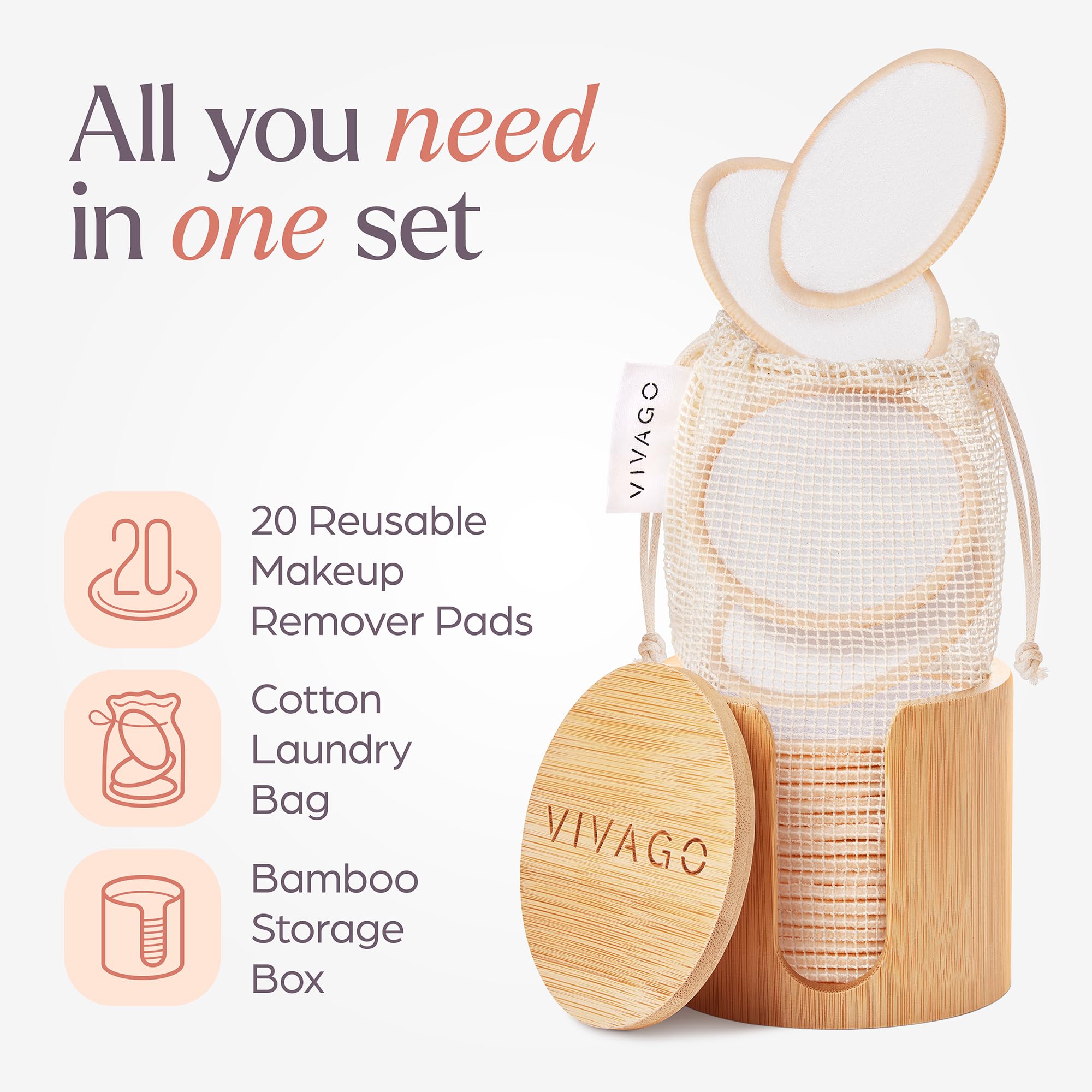 VIVAGO bamboo holder with rounds demonstrates convenient storage on vanity.