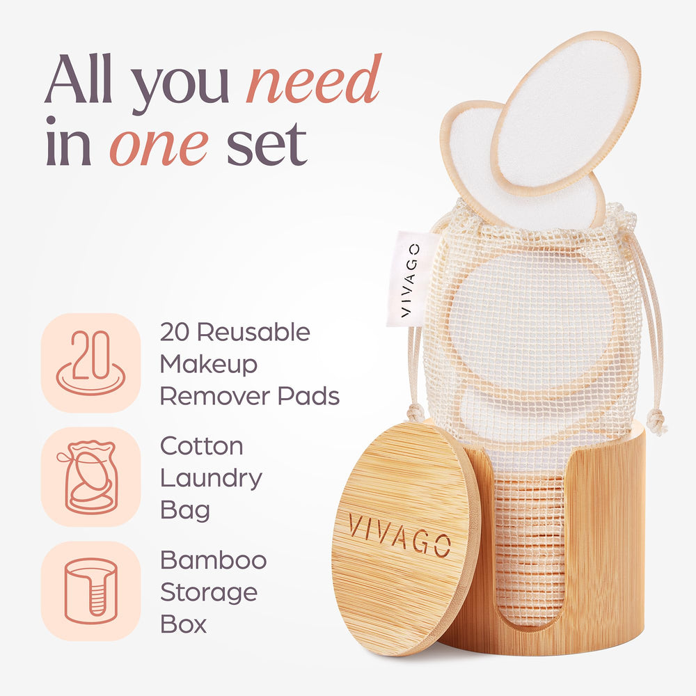 VIVAGO bamboo holder with rounds demonstrates convenient storage on vanity.