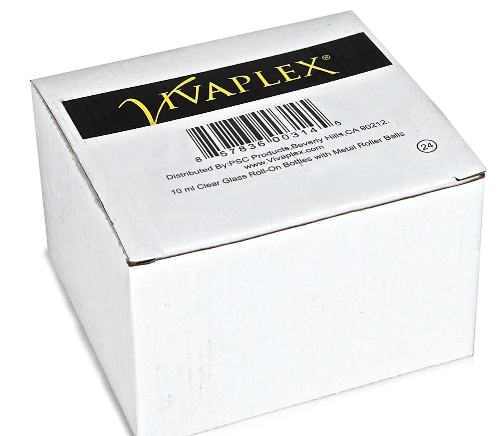 Vivaplex clear glass roll-on bottle cap shown, secure travel-friendly packaging.