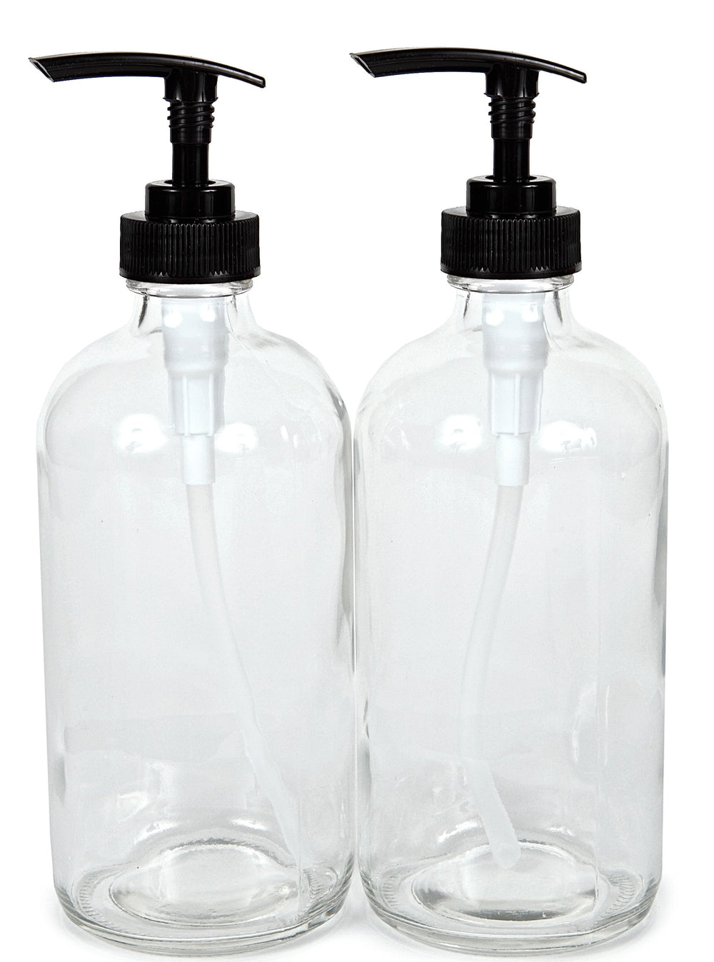 Vivaplex 2-pack 16oz clear glass bottles with black pumps for DIY soaps and oils.