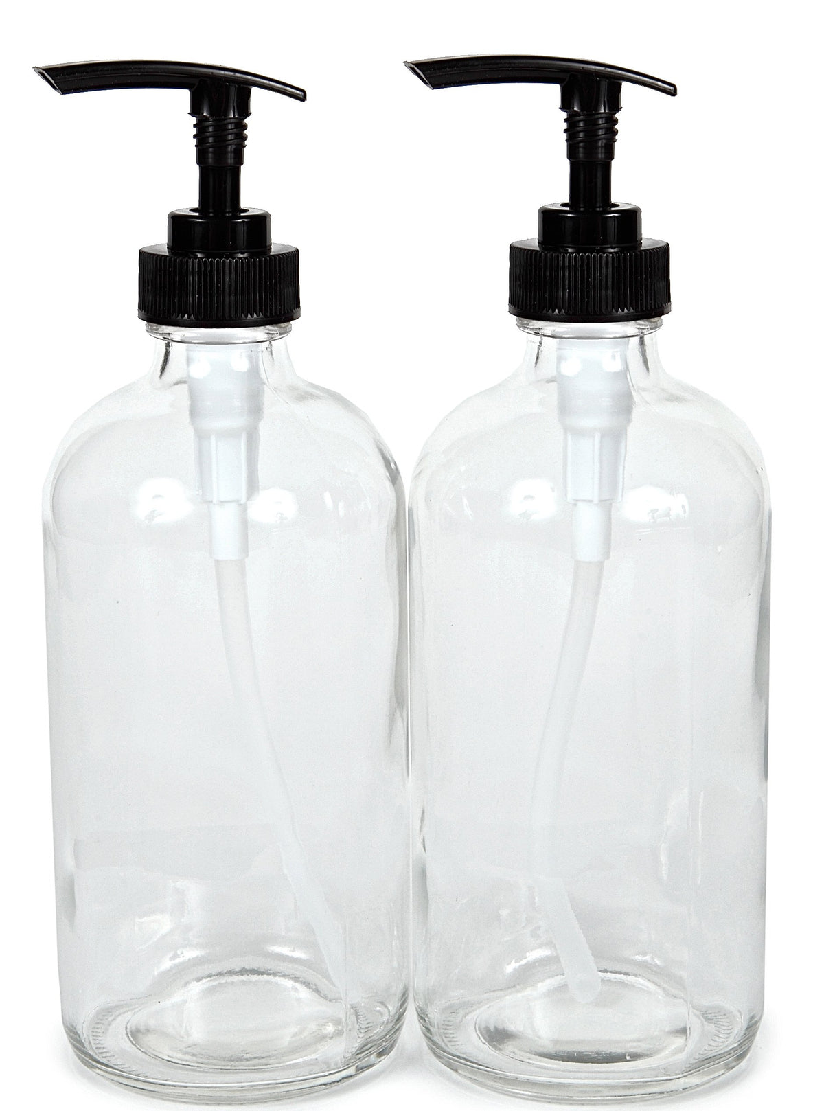Vivaplex 2-pack 16oz clear glass bottles with black pumps for DIY soaps and oils.
